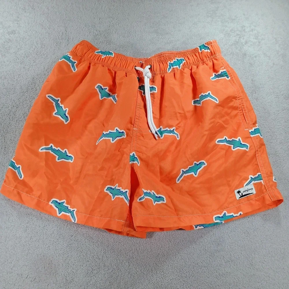 Unbranded Mens Swim Trunks Orange Shark‎ Print S Elastic Waist Drawstring